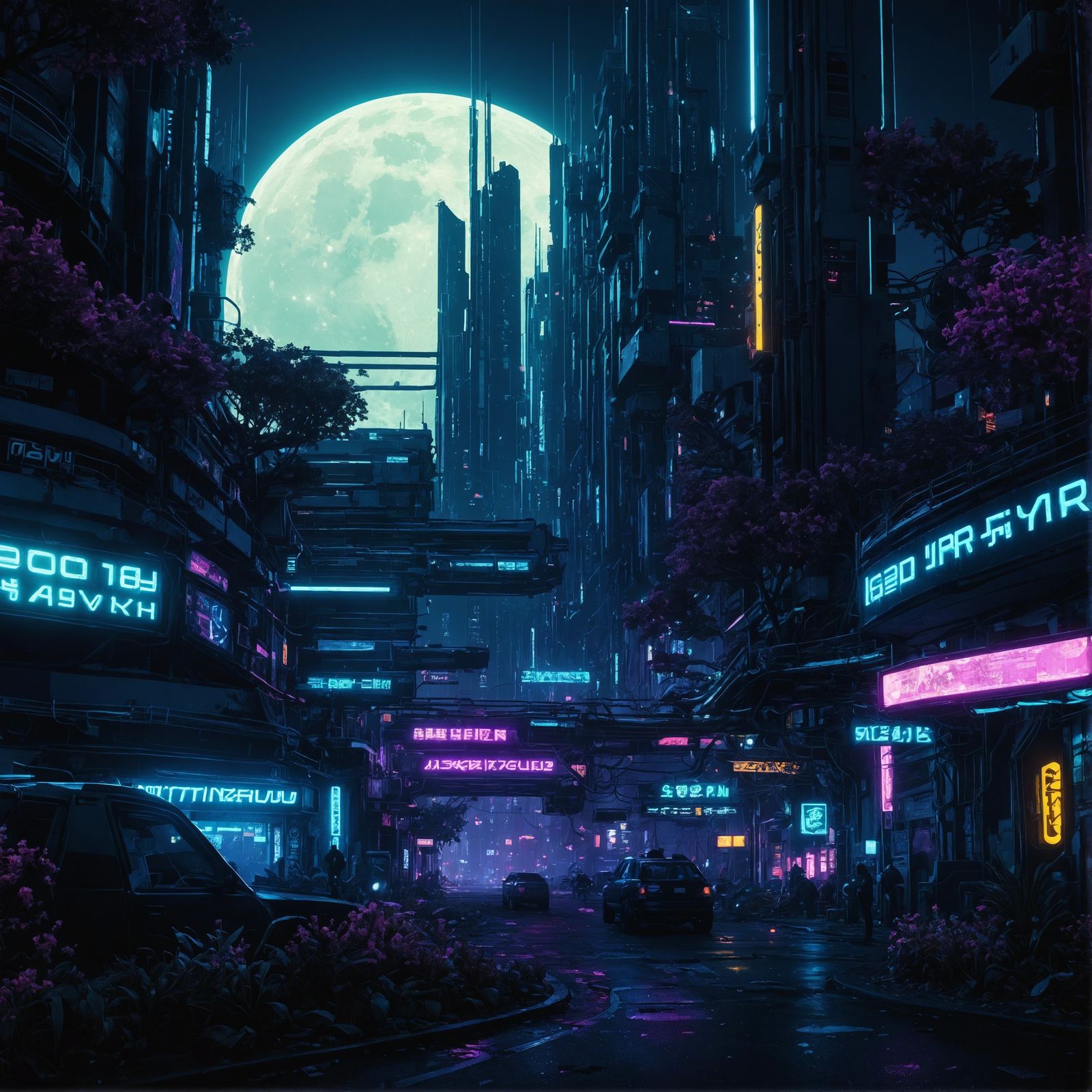 Cyberpunk neon city in boom on a full moon night