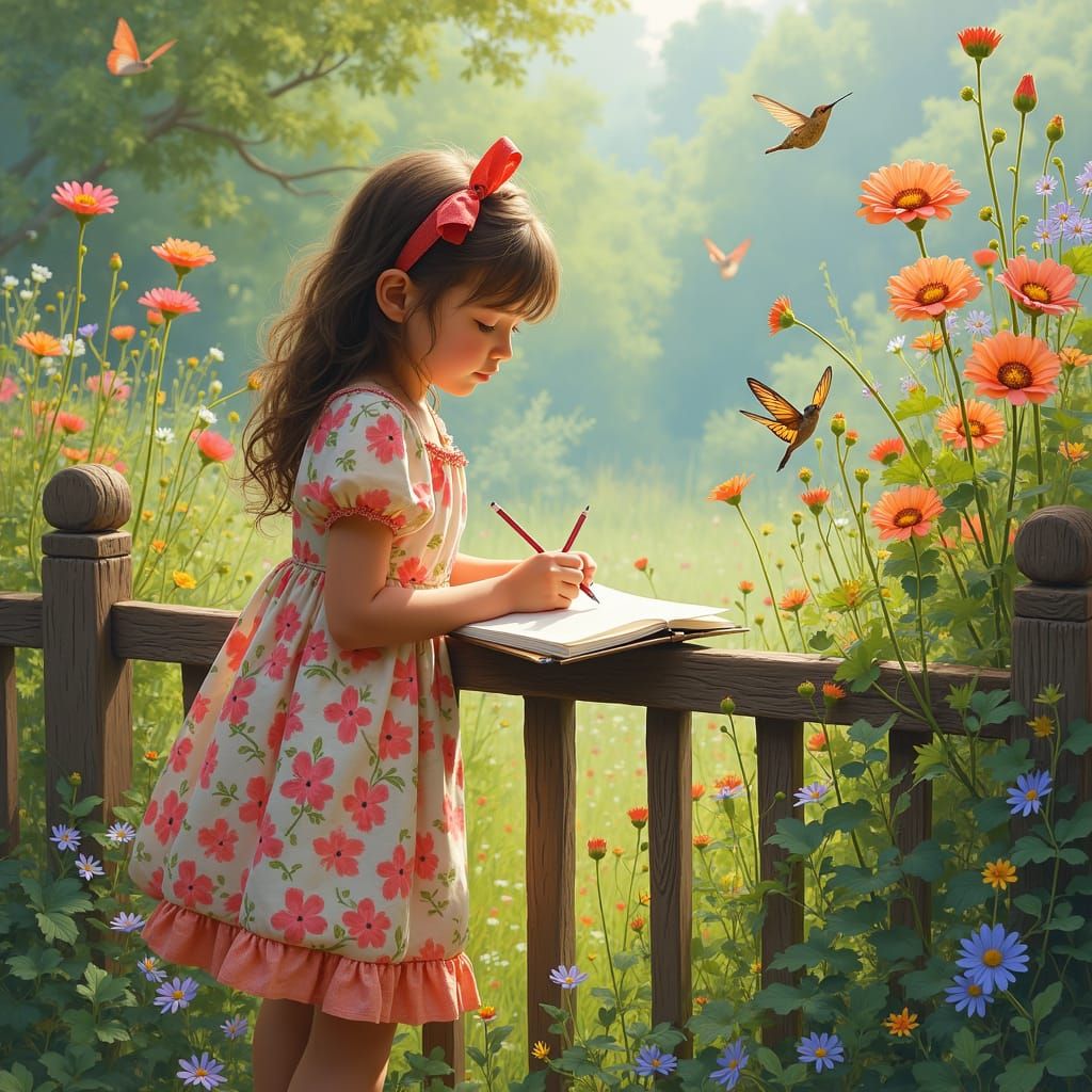 Girl Sketching Garden Inspired by Botanical Illustration