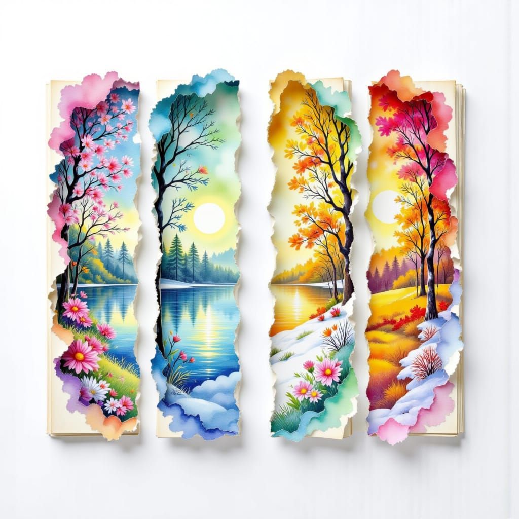 <lora:Four Seasons DE:1.0> Abstract vibrant watercolor portal swirls dripping in a double exposure effect across four vertical, ripped piece...