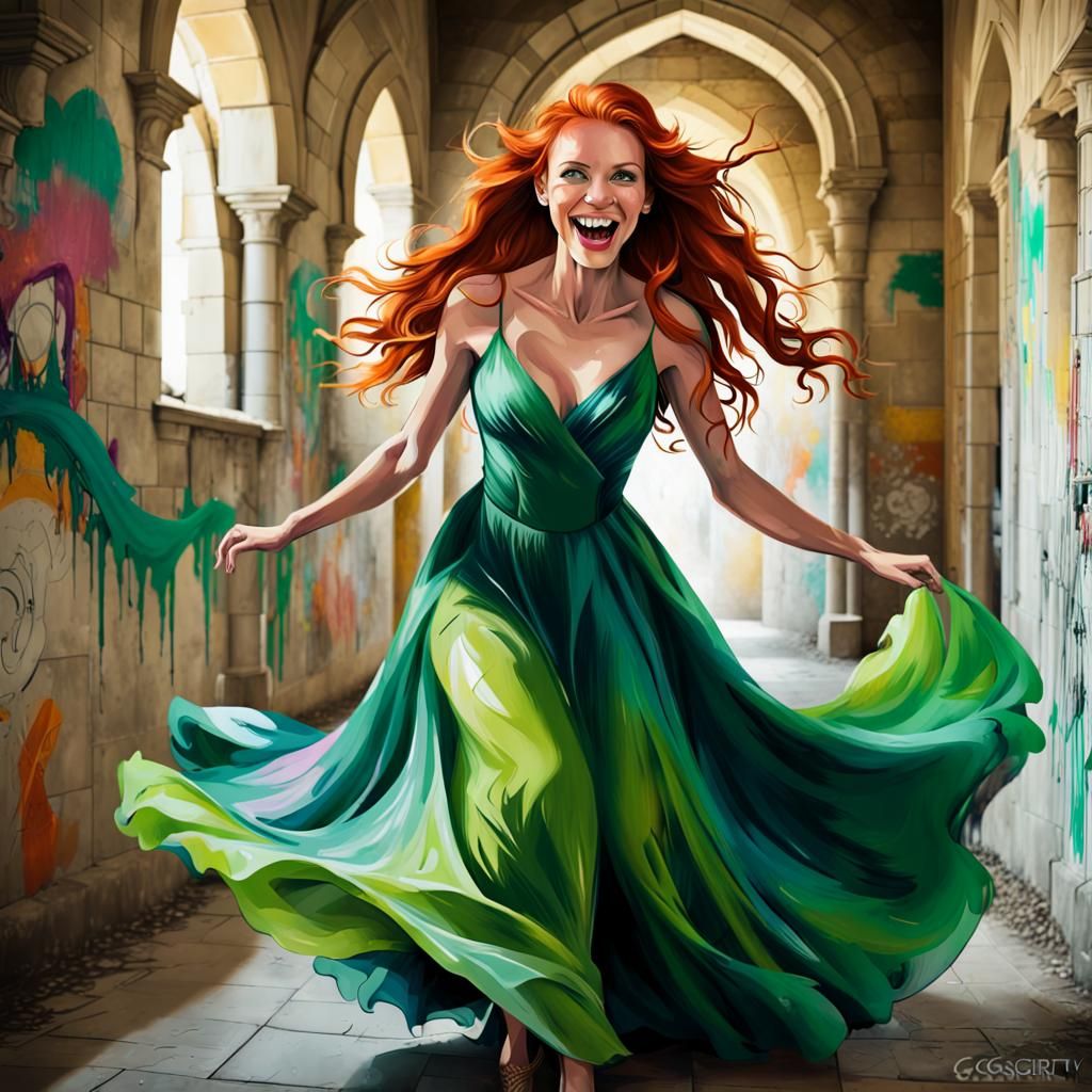Beautiful smiling red haired woman with bright green eyes wearing a long flowing silk gown dancing in ...  by @Gaelicka