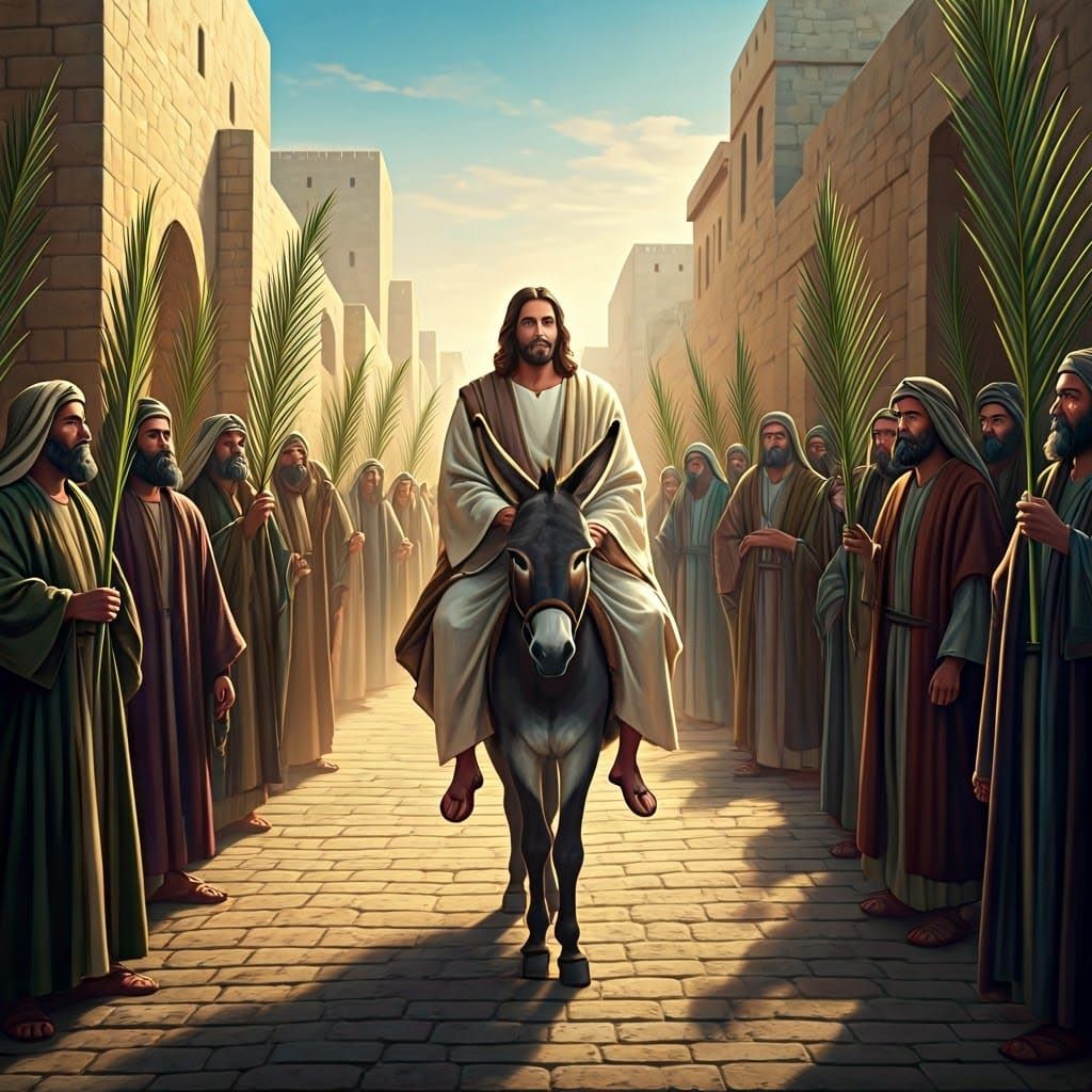Palm Sunday: Jesus rides a donkey, palm branches waved.