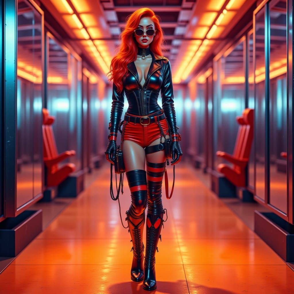 Hyperrealistic Cyborg Pinup in Infinite Reflections