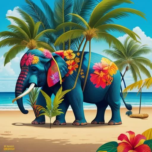 Monkey and Elephant on a Sunny Beach