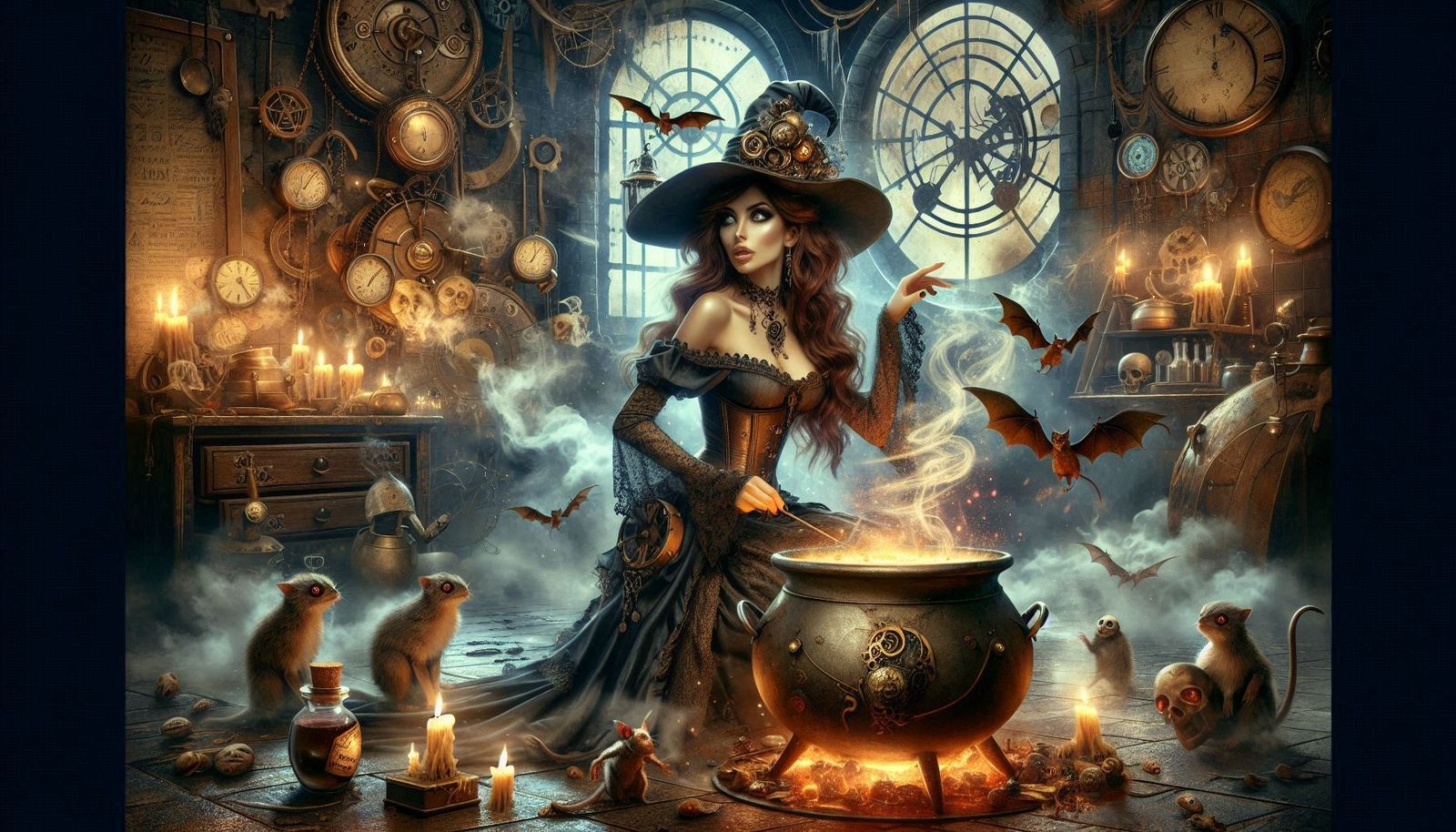 Steampunk Style Sorceress Creating a Potion