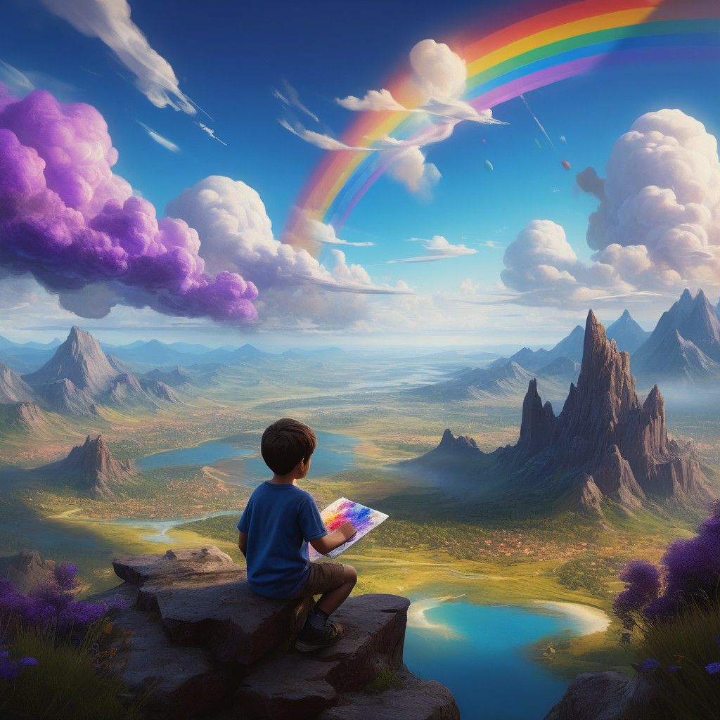 Whimsical Oil Painting of a Boy Creating a Majestic Landscap...