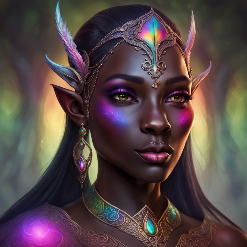 a regal elven princess with dark iridescent rainbow skin, refined ...