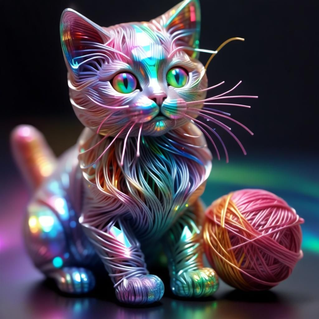 Holographic cat playing with a ball of yarn.  by @Tamminga Designs