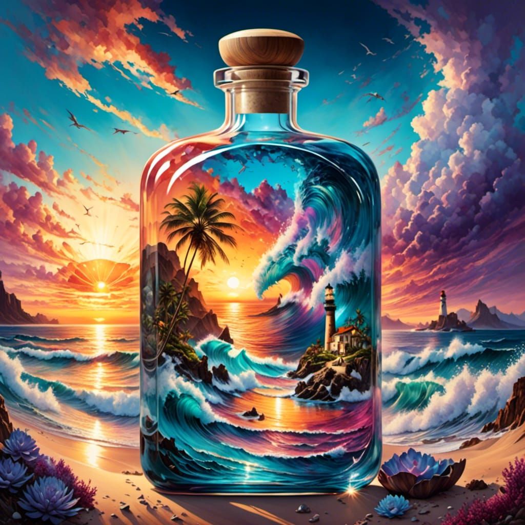<lora:shs_kenya:1.0><lora:Shs_Kenyas Chaos:1.0>crystal clear bottle with a tiny magical tsunami sunset seascape inside it