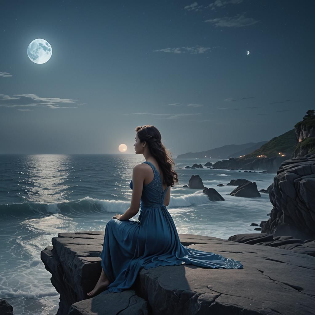 Woman Gazing at Moon: Cinematic Digital Painting