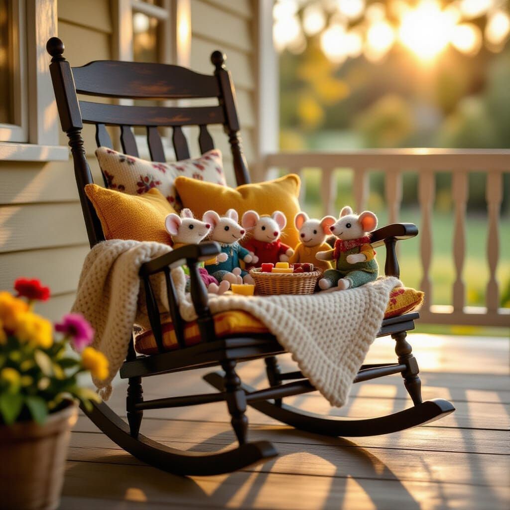 A whimsically detailed stop-motion scene of a dark wooden rocking chair on a cozy countryside porch, ...  by @Cute dog