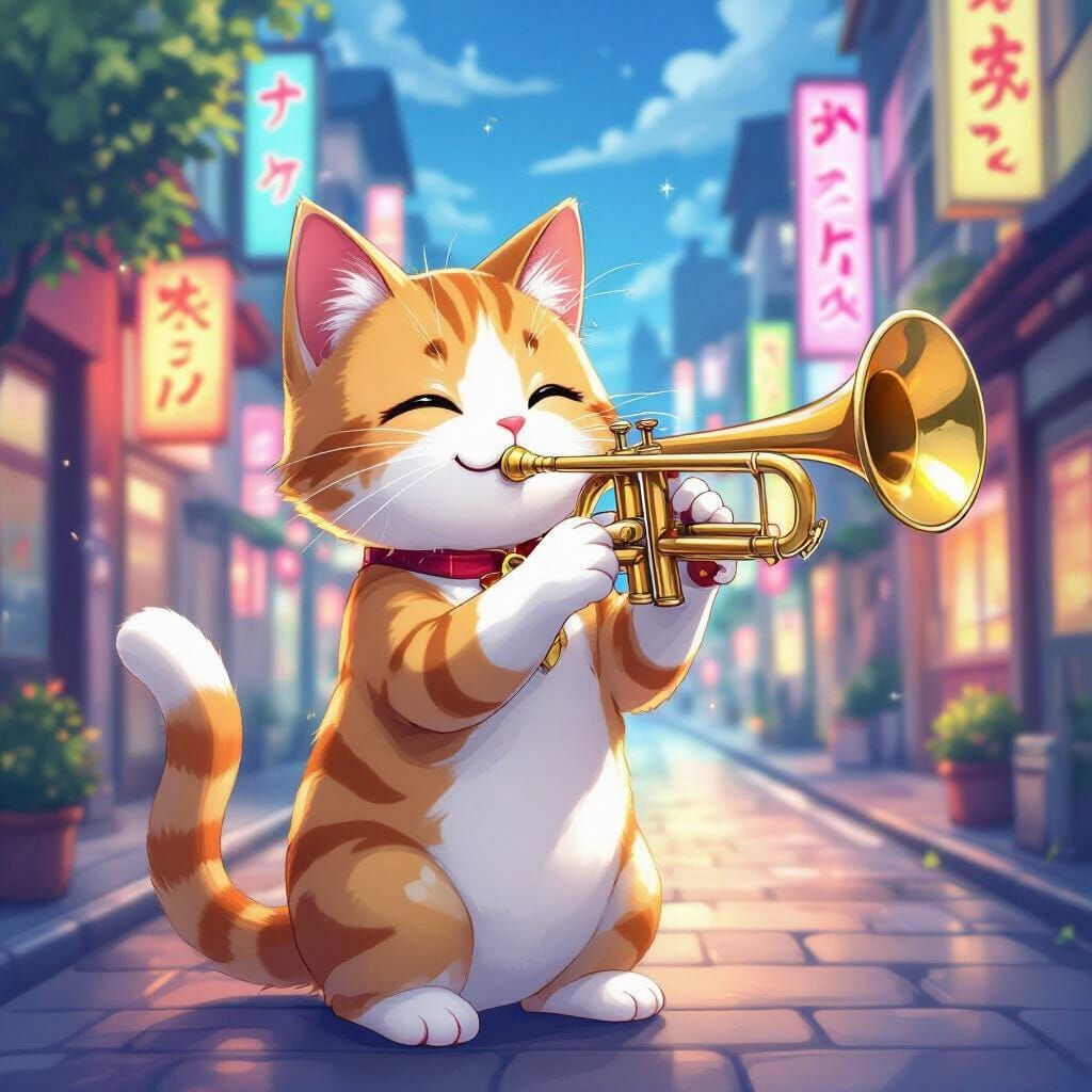 Anime Cat Plays Trumpet on Whimsical City Street
