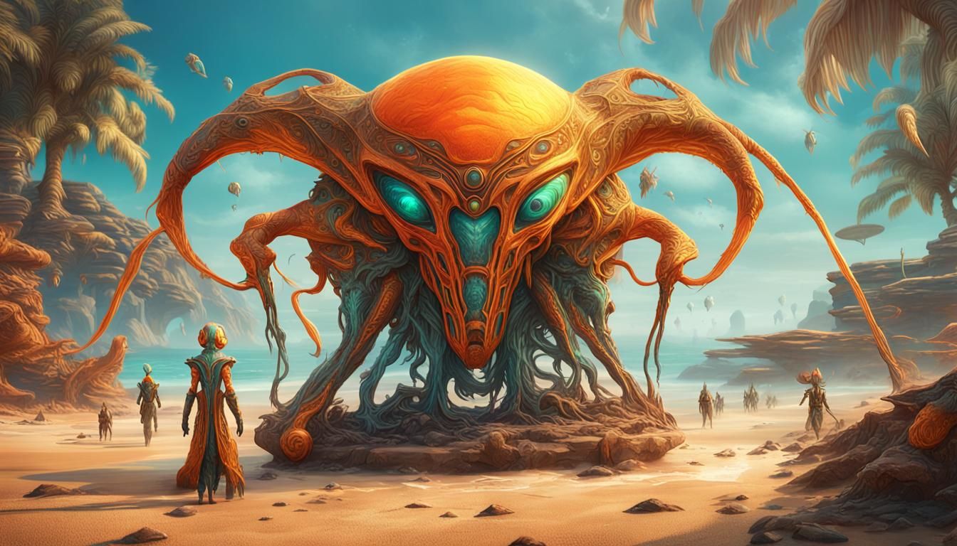 schöne alienfrauen im vordergrund, am strand,alien -pets,tür...