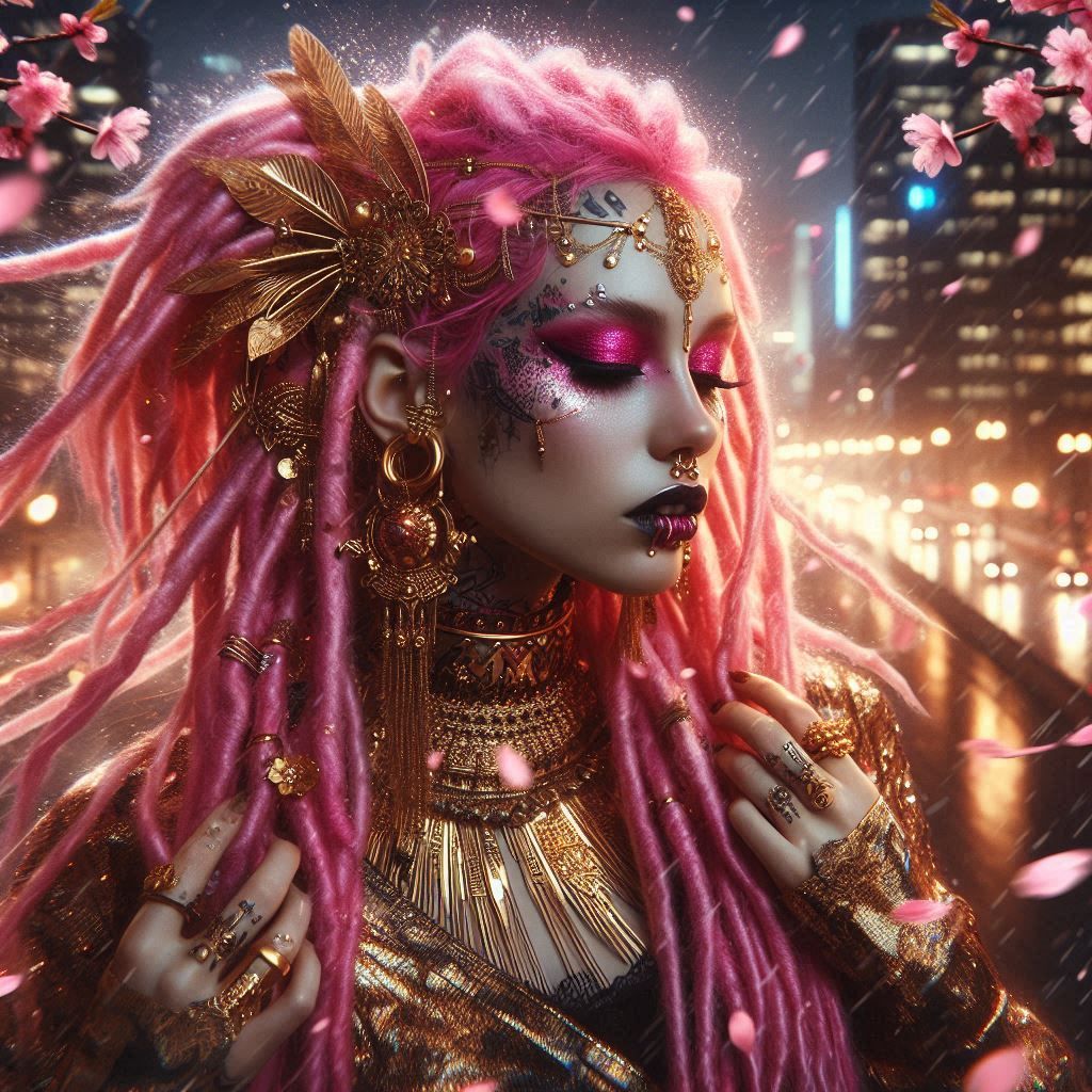 “Gilded Rebel”
A street-sorceress in gold and pink, adorned with royal piercings and fierce elegance, storms the neon-li...