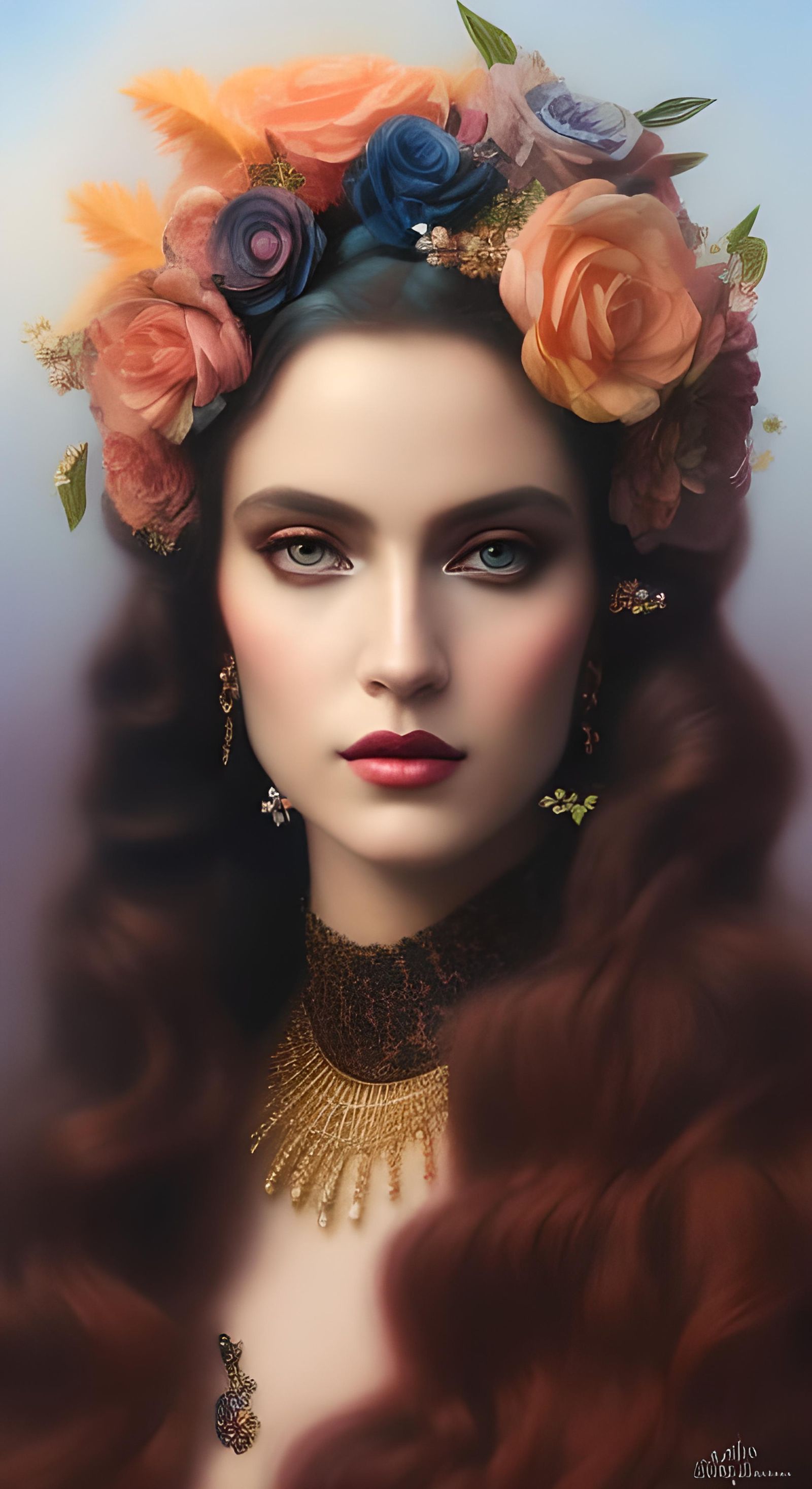 Portrait Of a wavy haired ethereal gothic queen goddess surr...