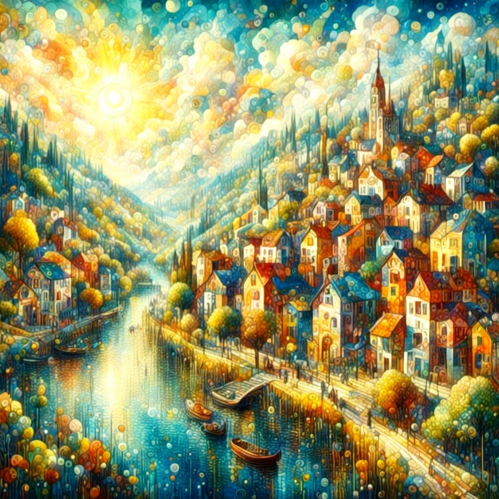 <lora:SurrealWhimsicalXL:1.3> Riverside town colorful vibrant bold color sunny day sunlight 