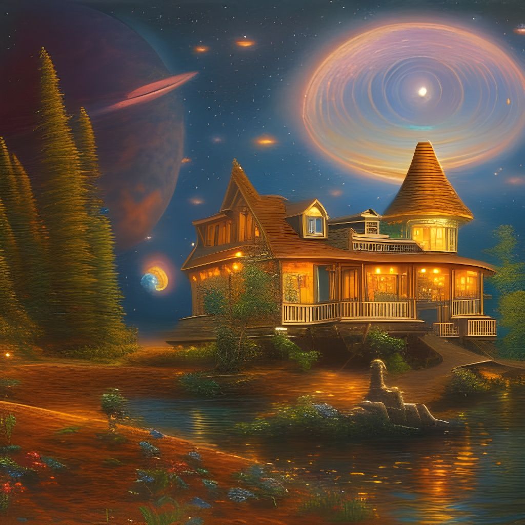 Spaceship Summer Home: Intricate Painting in 1970s Style