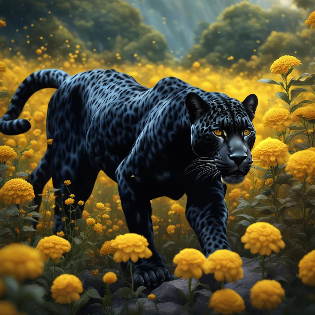 Photo of a black jaguar with bright yellow eyes, background ...