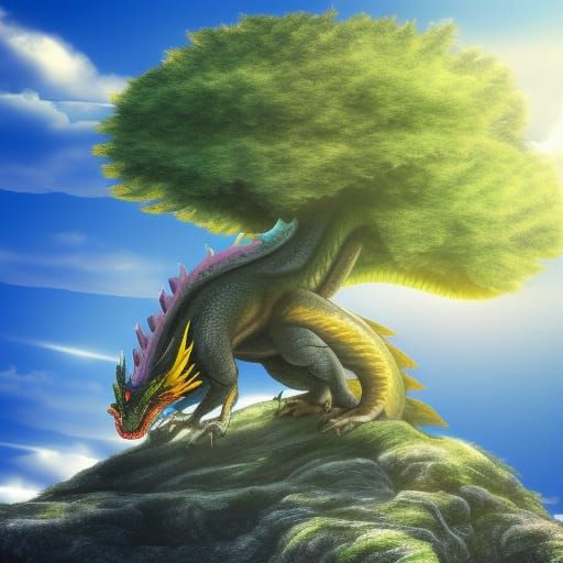 A dragon defending a giant tree
