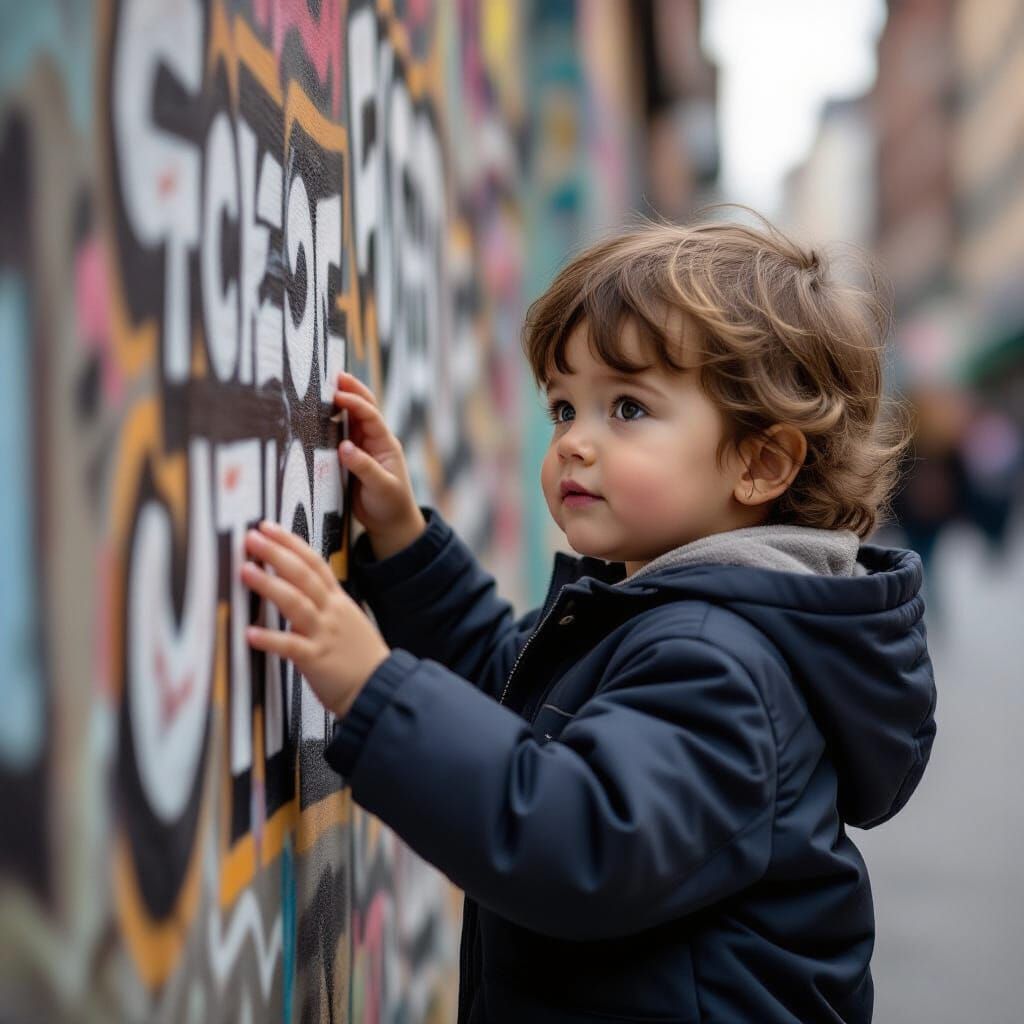 Baby Reaches Out to Vibrant Graffiti Wall