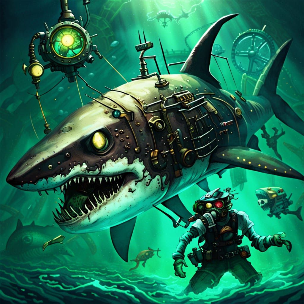 Steampunk Zombie Killer Zombie Great White Shark: In a night...