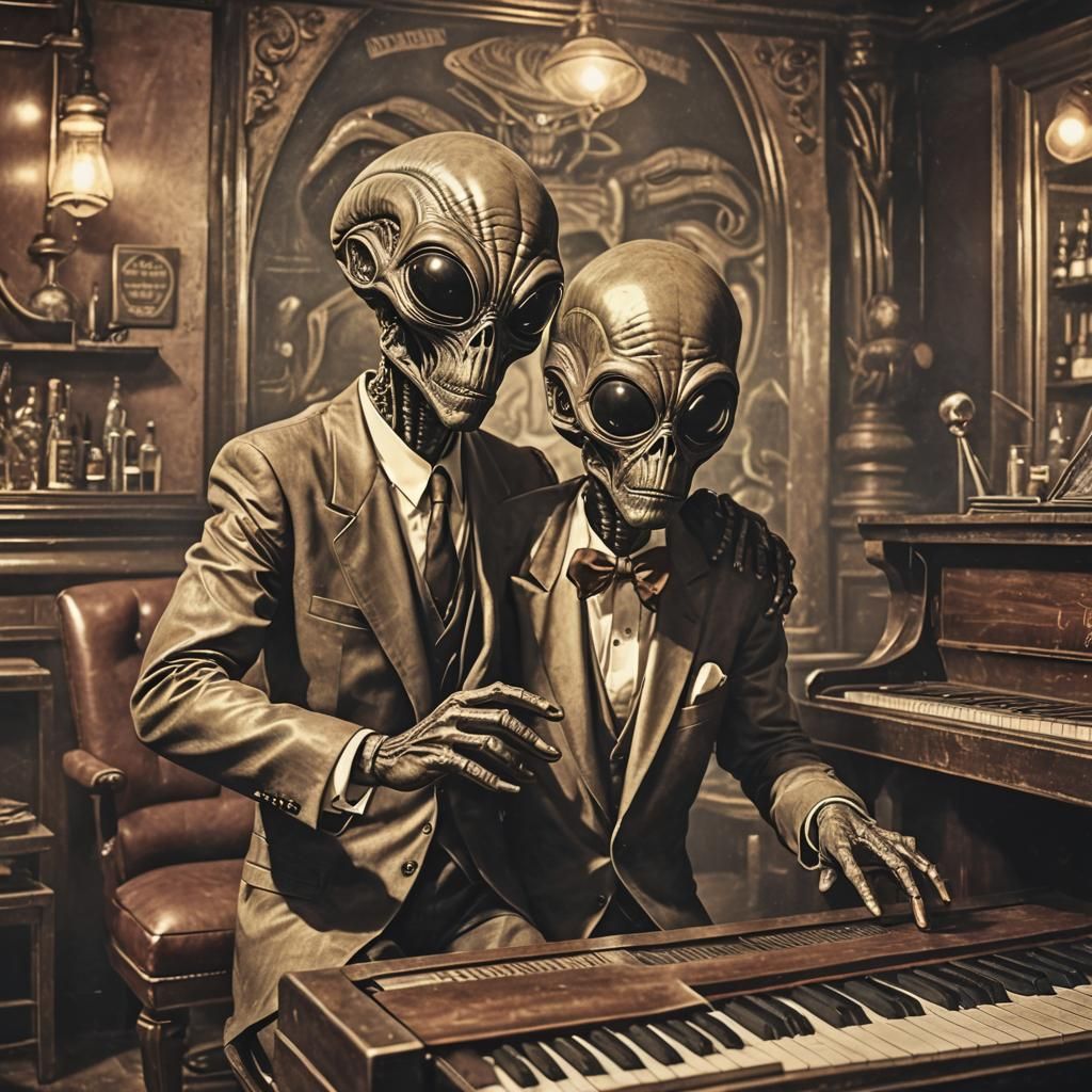 alien piano player 1920s cigar bar stained tin print  backgr...