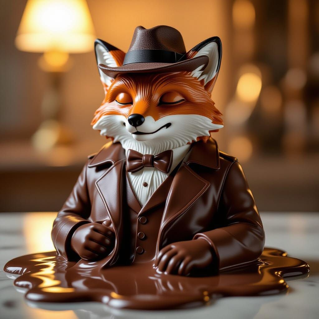 A towering chocolate sculpture of a relaxed fox, wearing a tiny fedora and trench coat, is melting under ...  by @Katimati