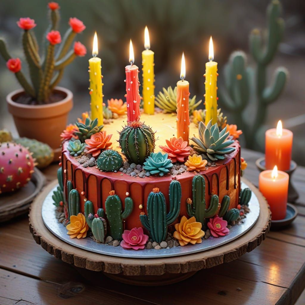 A birthday cake made entirely of colorful cactus plants  (7)  by @OldLarr