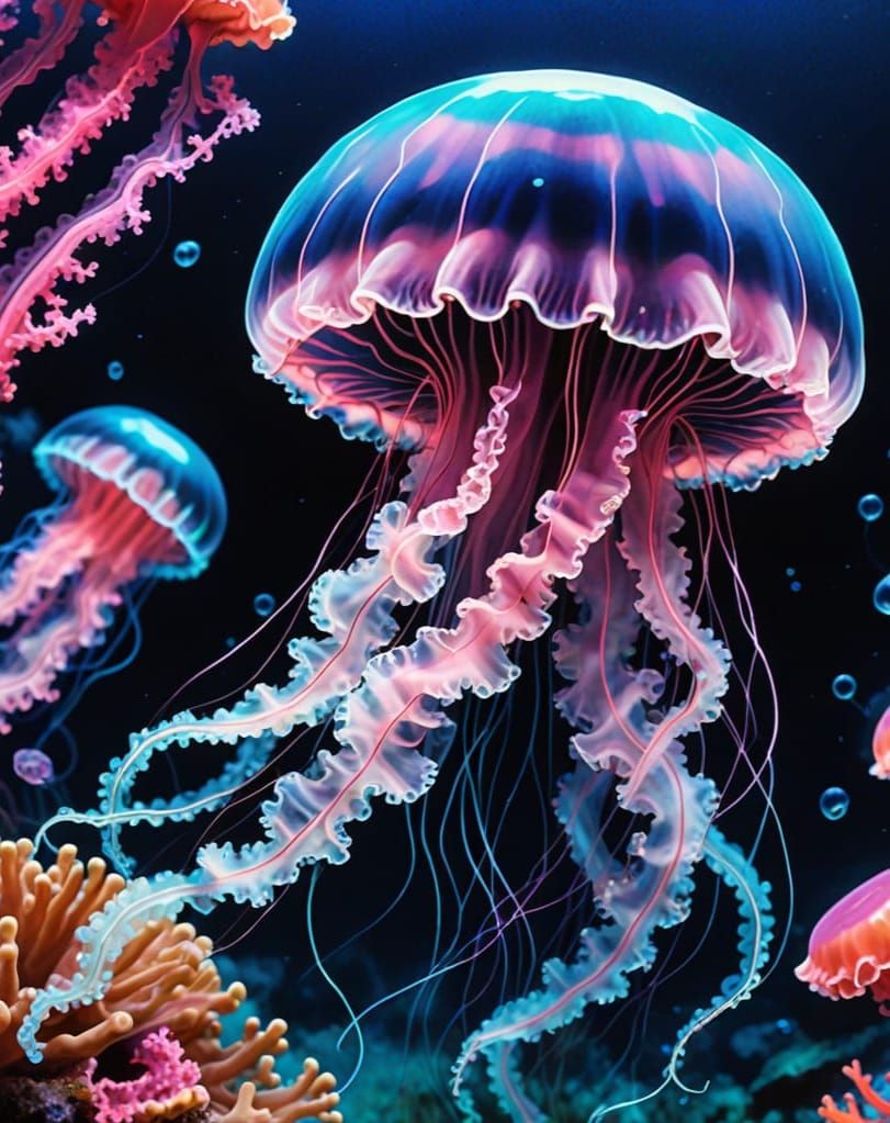 A pink and blue jellyfish peeking out of the coral.   by @GrizzMum