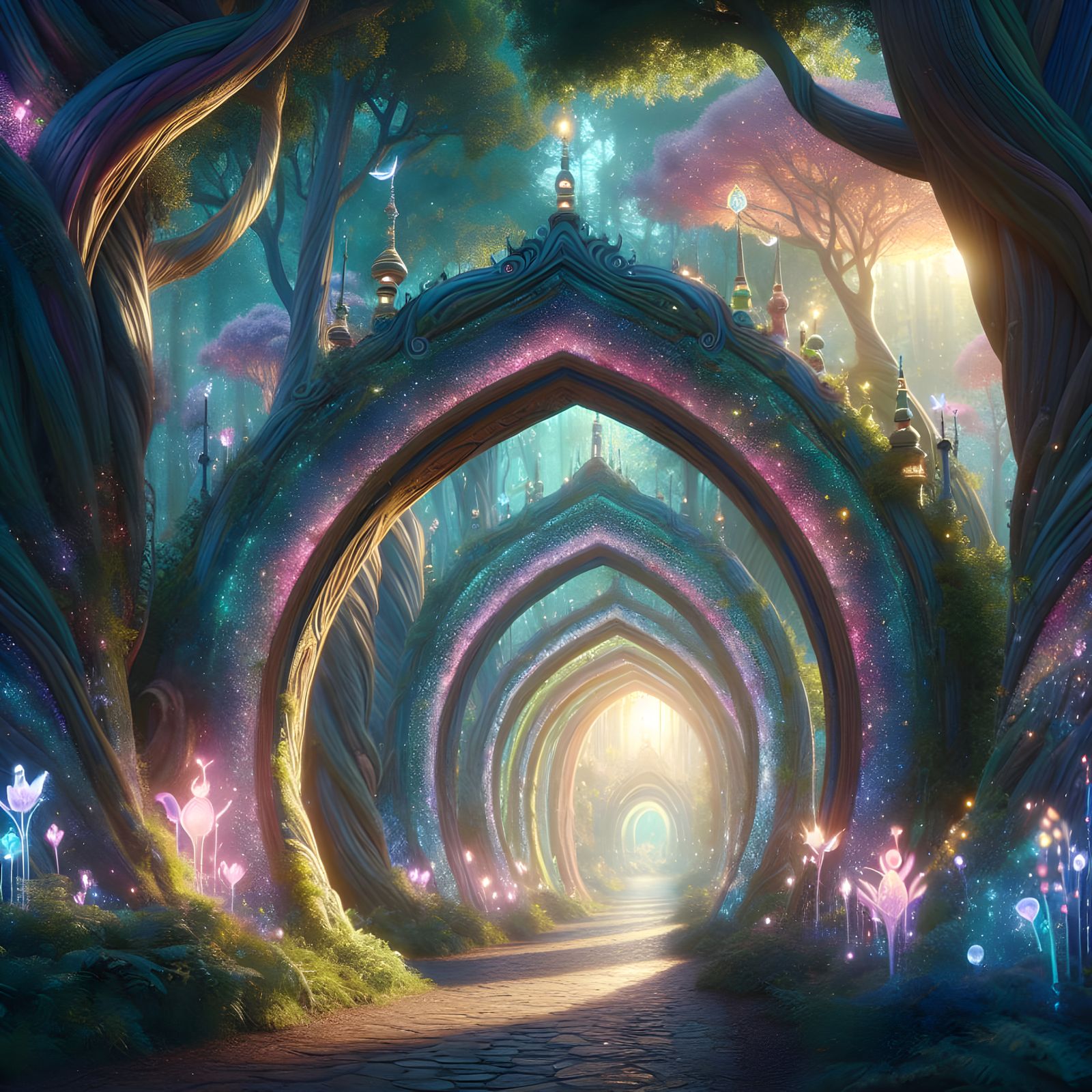 A tunnel to a fairytale wonderland. vibrant, pastel colors