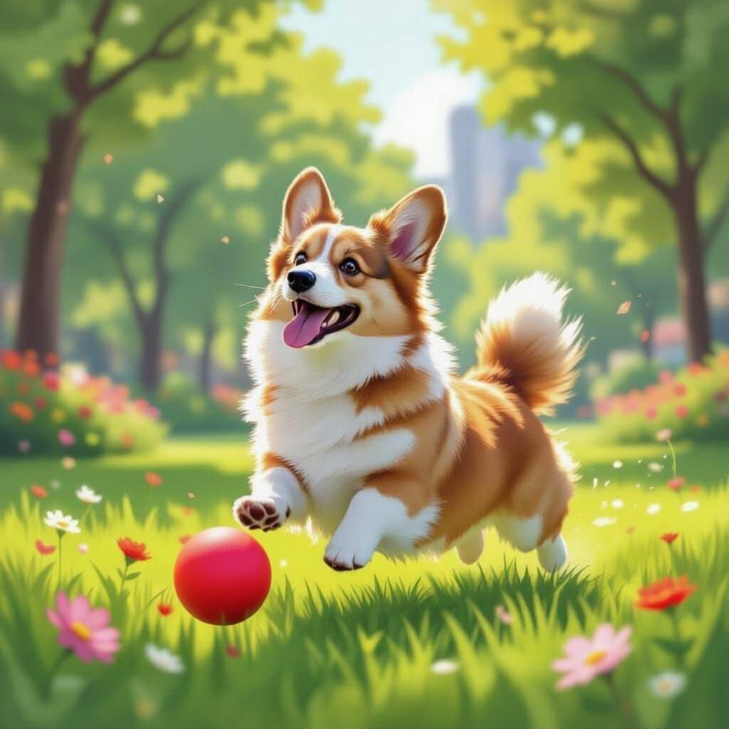 A Corgi playing catch with a ball in a city park on a sunny spring day.  Warm and airy tone with cool colors.