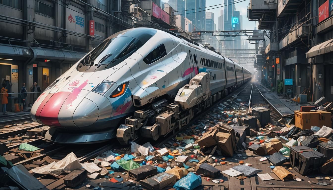 cyberpunk city, modern bullet train, trash, seen from ground