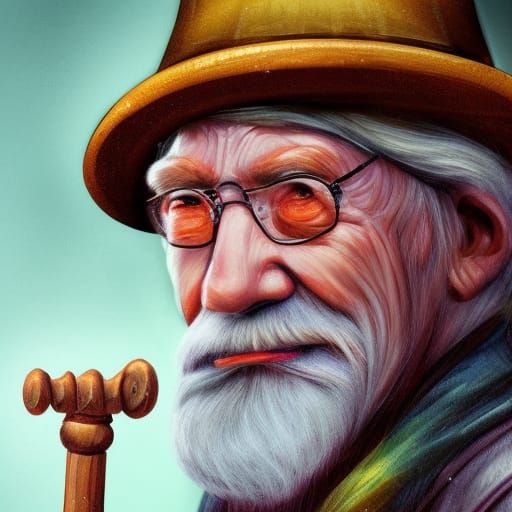 old man with a wizard hat on and a wooden cane - AI Generated Artwork ...