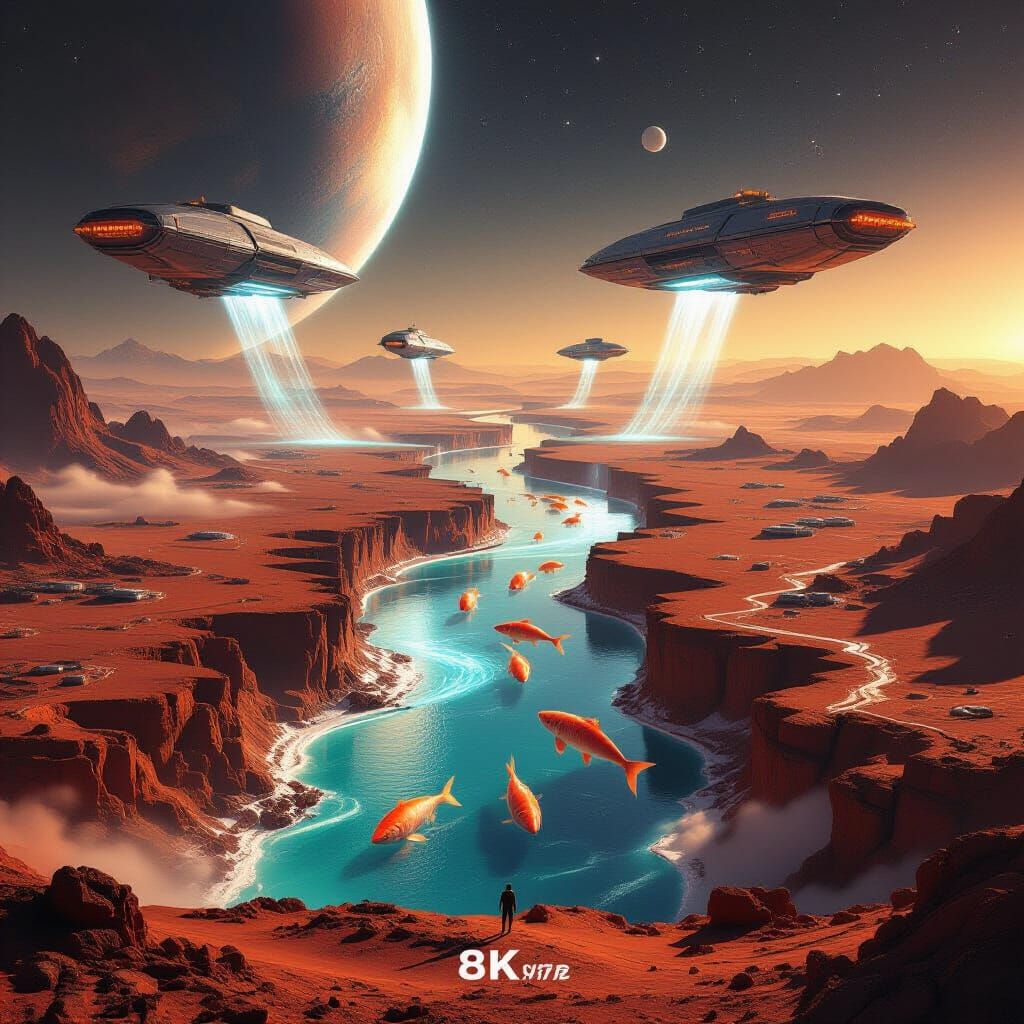 Фантазийная сцена будущей жизни на планете Марс. Поверхность планеты разделена на две огромные части, между которыми течет гигантская сверка...