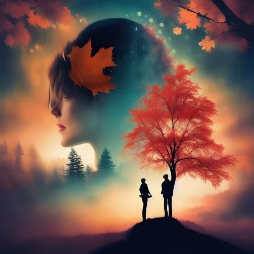 A man and maple tree, The silhouette double exposure art, sw...