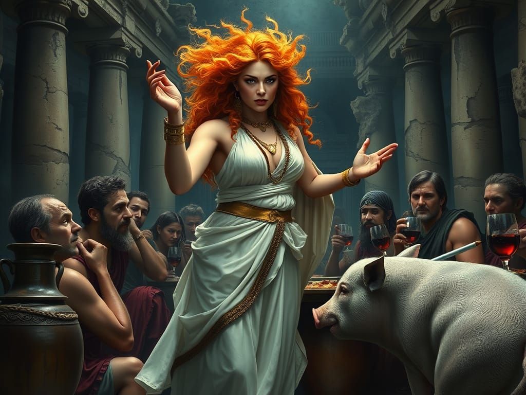 Circe casting her spell on Odysseus's Warriors, transforming them into Swine
