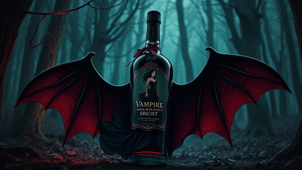 A beautifully crafted bottle shaped like a bat. The label features a seductive vampire in a dark forest, ...  by @johan
