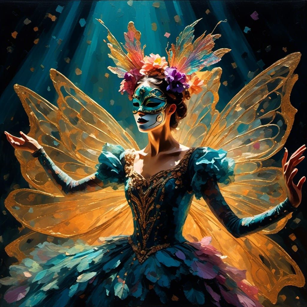  <lora:Faetalmora SDXL:1.0> A masked performer on stage under a spotlight