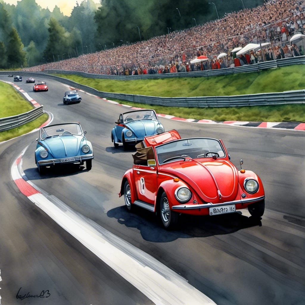 Watercolor Race: Ferrari vs Beetle at Nurburgring
