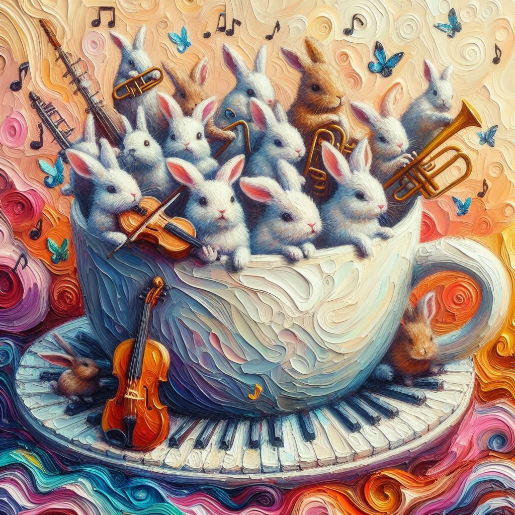 Cute Rabbits playing music in a teacup (2)