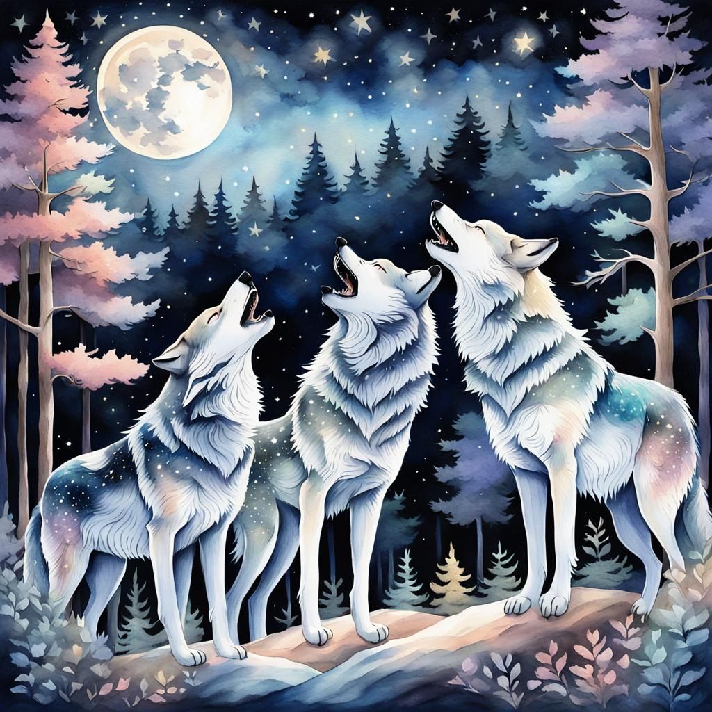 Wolves Howling at Moon in Dreamy Anime Style