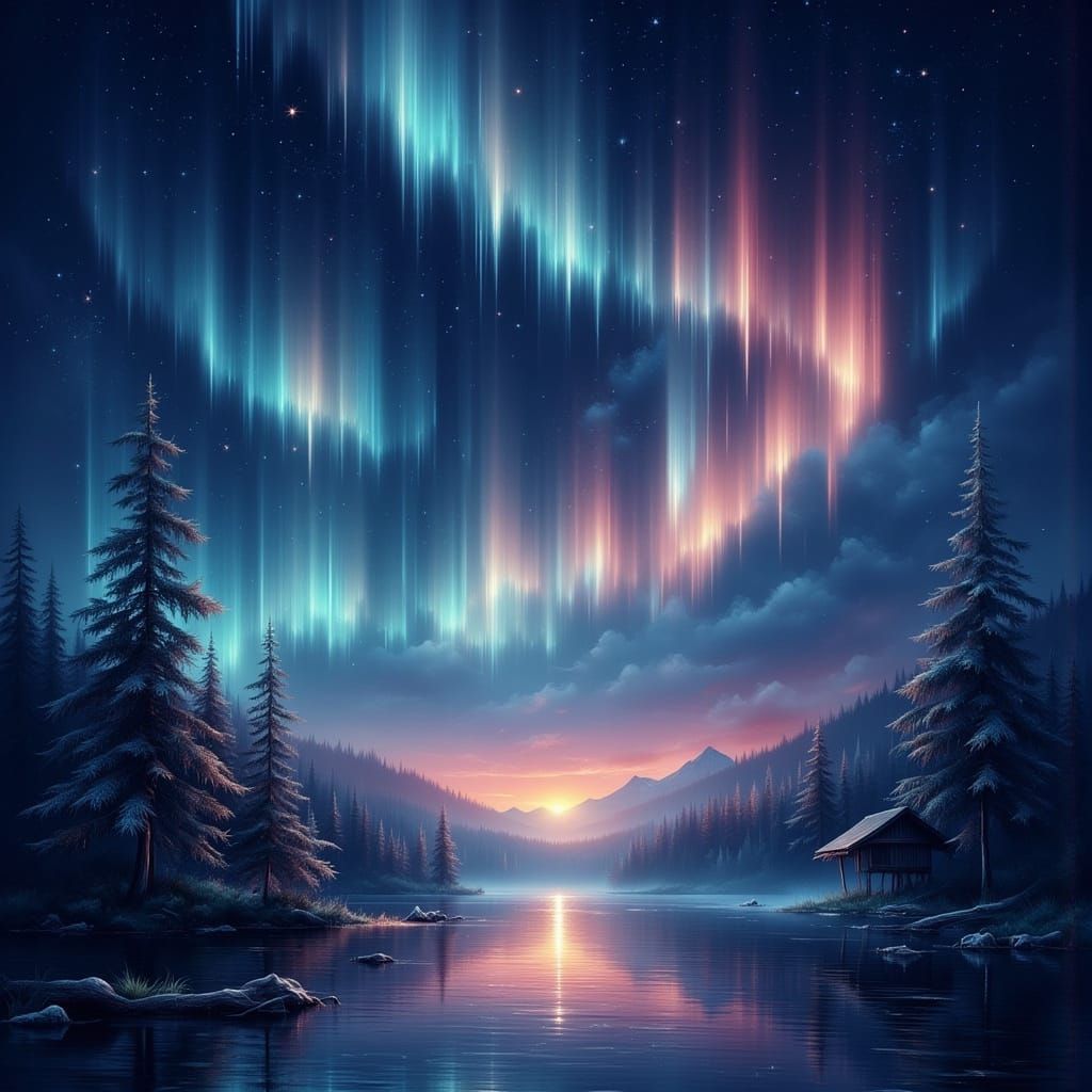 The Aurora, mysterious lights of the North, high contrast, inspiring, deep shadows below, noble, beautiful, rich colors, night scene <lora:E...