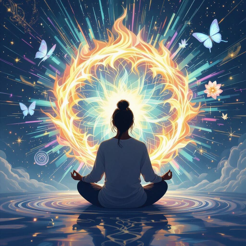 Prompt:
A sophisticated and elegant book cover featuring a person meditating with their back to the viewer, levitating in front of a mystica...