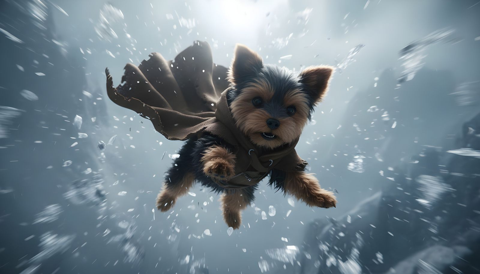 The anthropomorphic yorkie rapidly falls, arms flailing and cloak billowing from the wind. The background blurs dramatic...