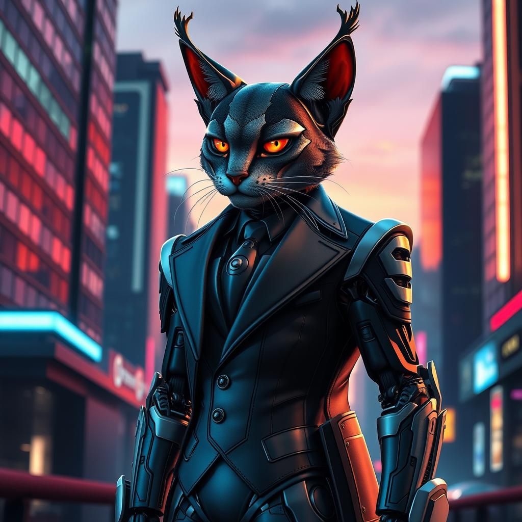 A robotic bobcat in a suit