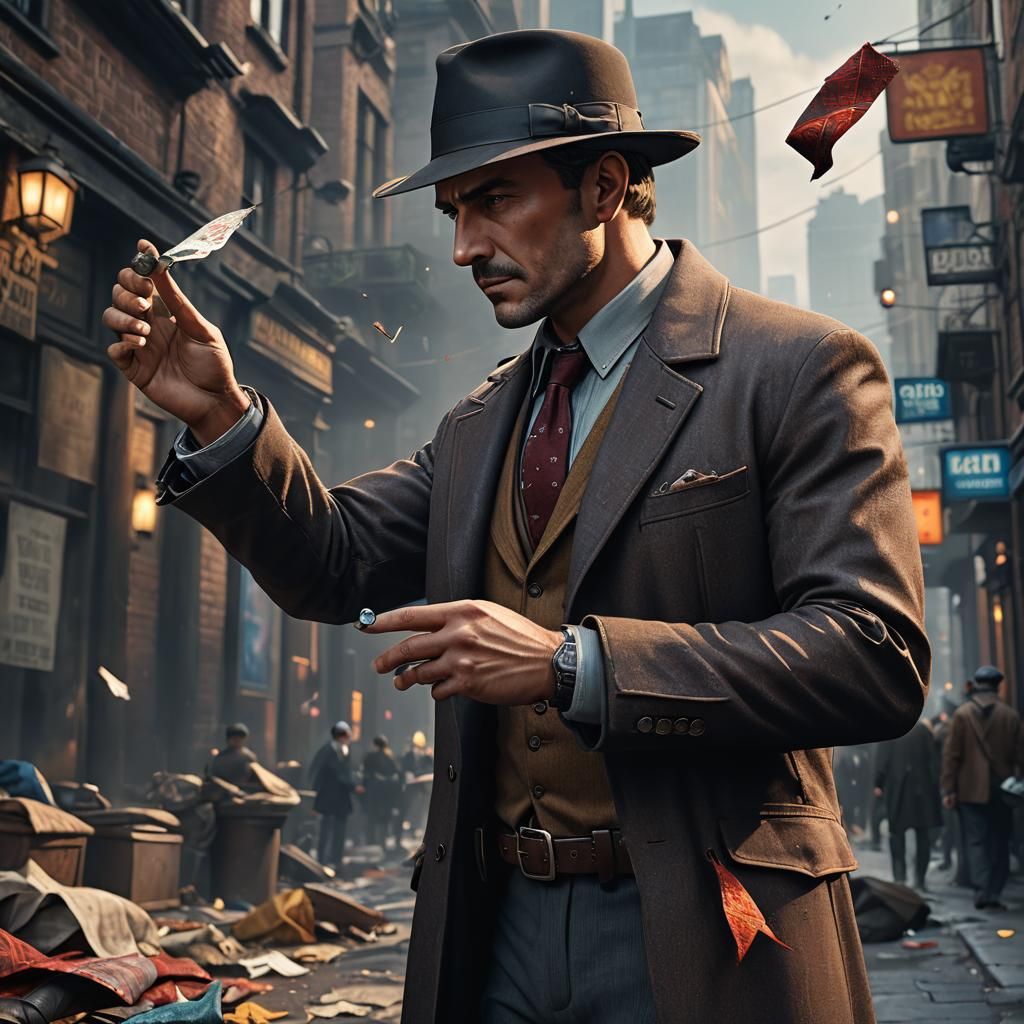A close image of A detective surprisingly seeing a small pie...
