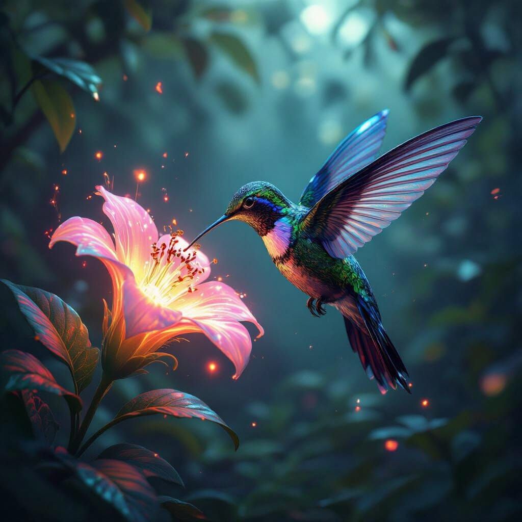 A hummingbird sips nectar from a glowing alien flower.  by @Joris
