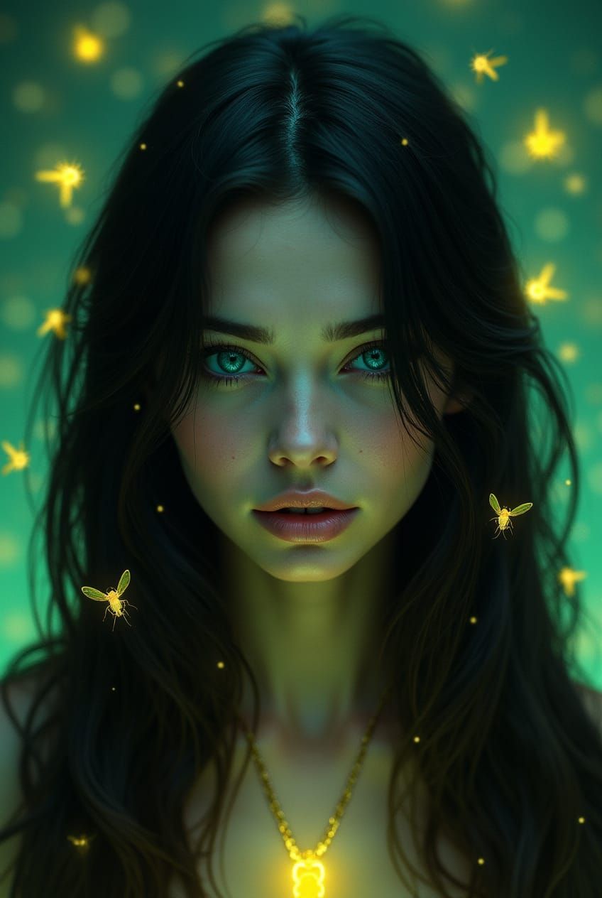 A dark-haired woman surrounded by glowing fireflies