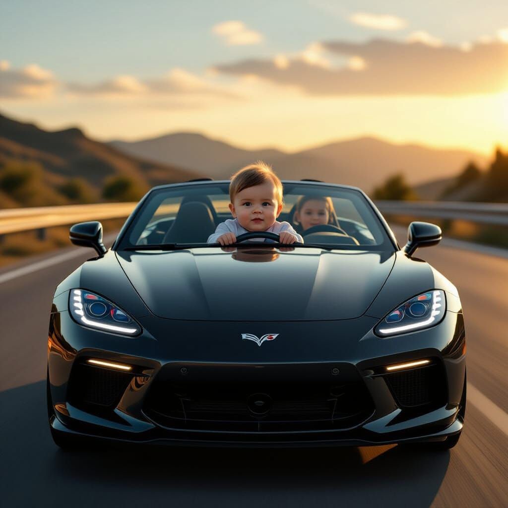 Baby Drives Car in Golden Hour Light