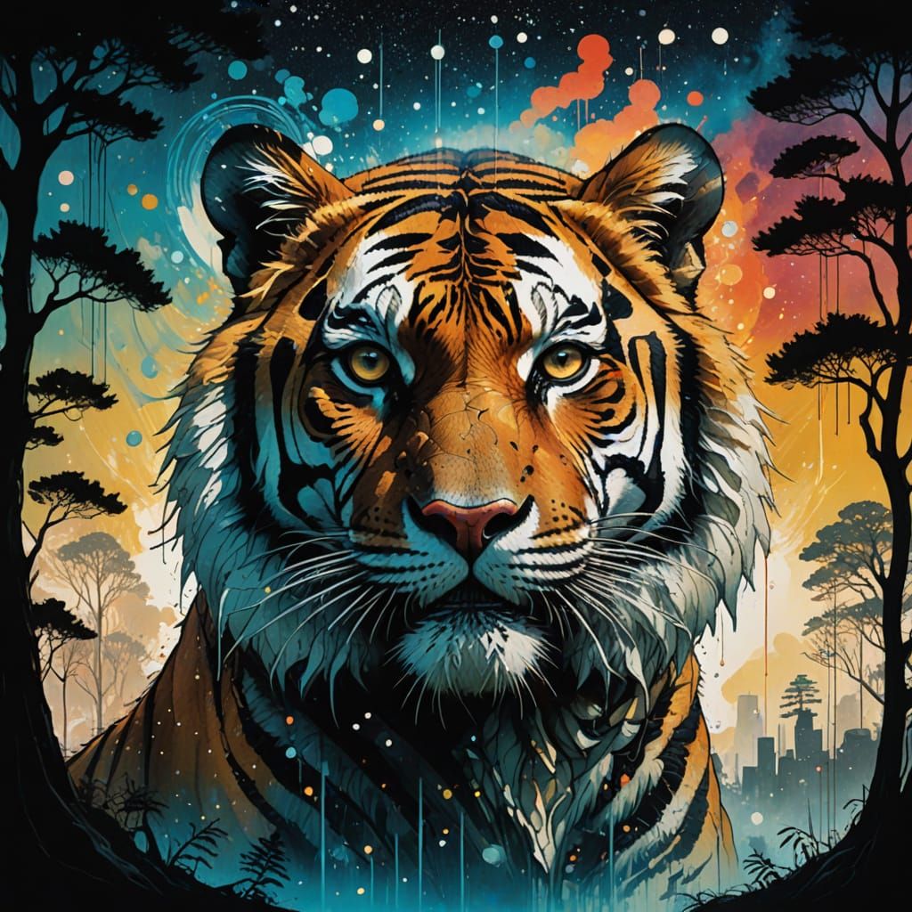 Majestic Tiger Head in a Swirling Cosmic Landscape