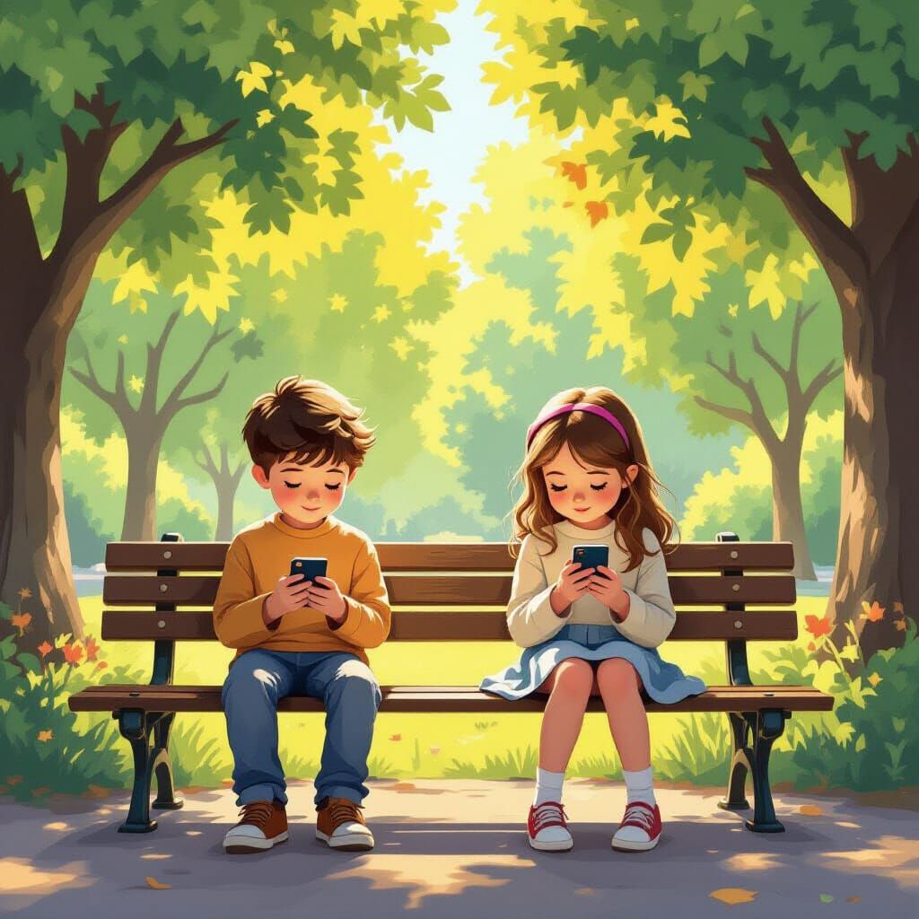 Twins Lost in iPhones on Park Bench, Storybook Style